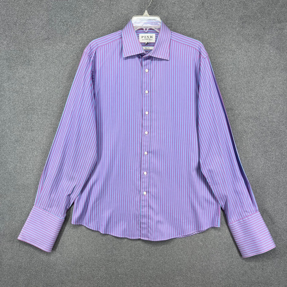 Thomas Pink Dress Shirt Men 16.5 Purple Blue Striped Slim Fit French Cuff Luxury